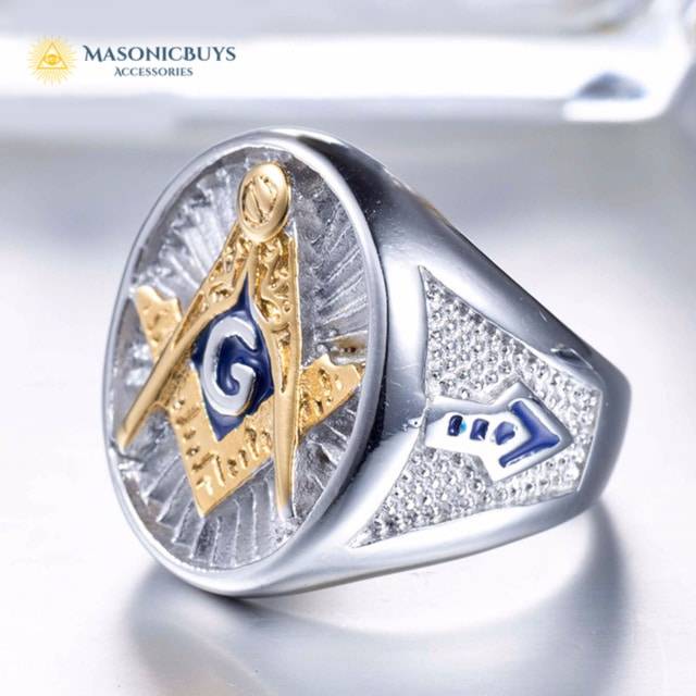 Silver Blue Lodge Masonic Ring With Golden Freemason Symbol | MasonicBuys