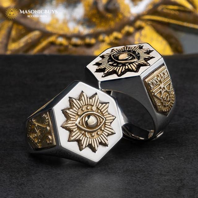 Masonic Eye of Providence Ring, Hexagon, 925 Silver | MasonicBuys