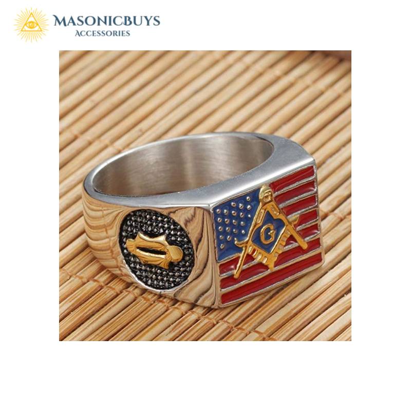 Stainless Steel Masonic Ring With American Flag | MasonicBuys