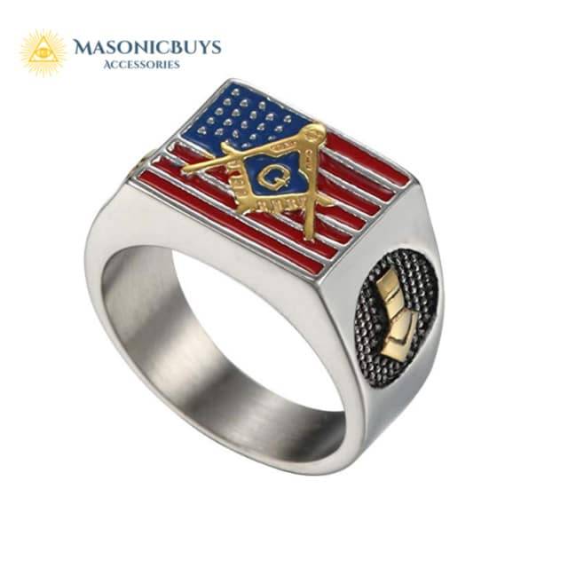 Stainless Steel Masonic Ring With American Flag | MasonicBuys