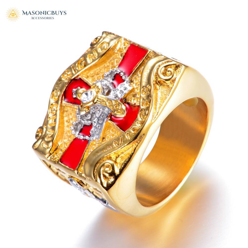 Gold Plated Knights Templar Ring With Royal Red Crown Masonicbuys