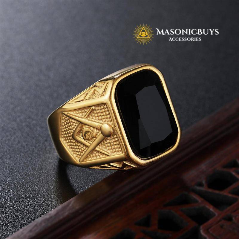 Golden Fashion Masonic Ring For Freemasons With Black Stone | MasonicBuys