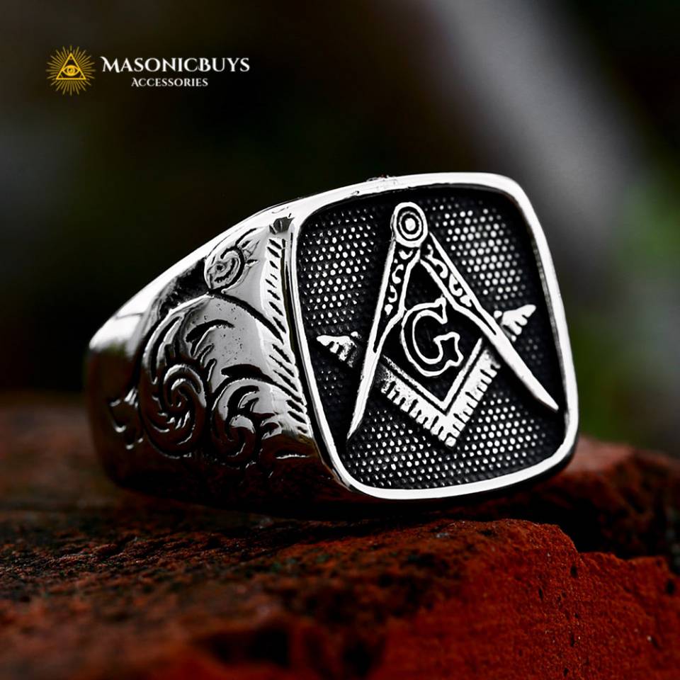 Blue Enamel Freemason Symbol Ring - Stainless Steel Vintage Biker Masonic Ring (316L)