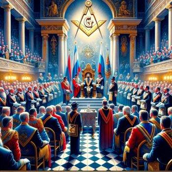 This artwork captures the solemn yet celebratory atmosphere of the Grand Lodge of Russia's establishment ceremony, featuring Freemasons in ceremonial regalia in a grand hall decorated with Masonic symbols.