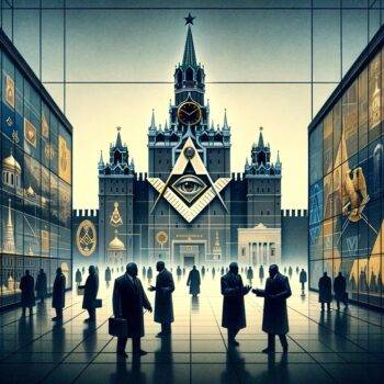 A conceptual piece blending iconic Russian government buildings with Masonic symbols, suggesting the speculative involvement of Freemasons in the Russian government. Shadowy figures hint at their Masonic affiliations.