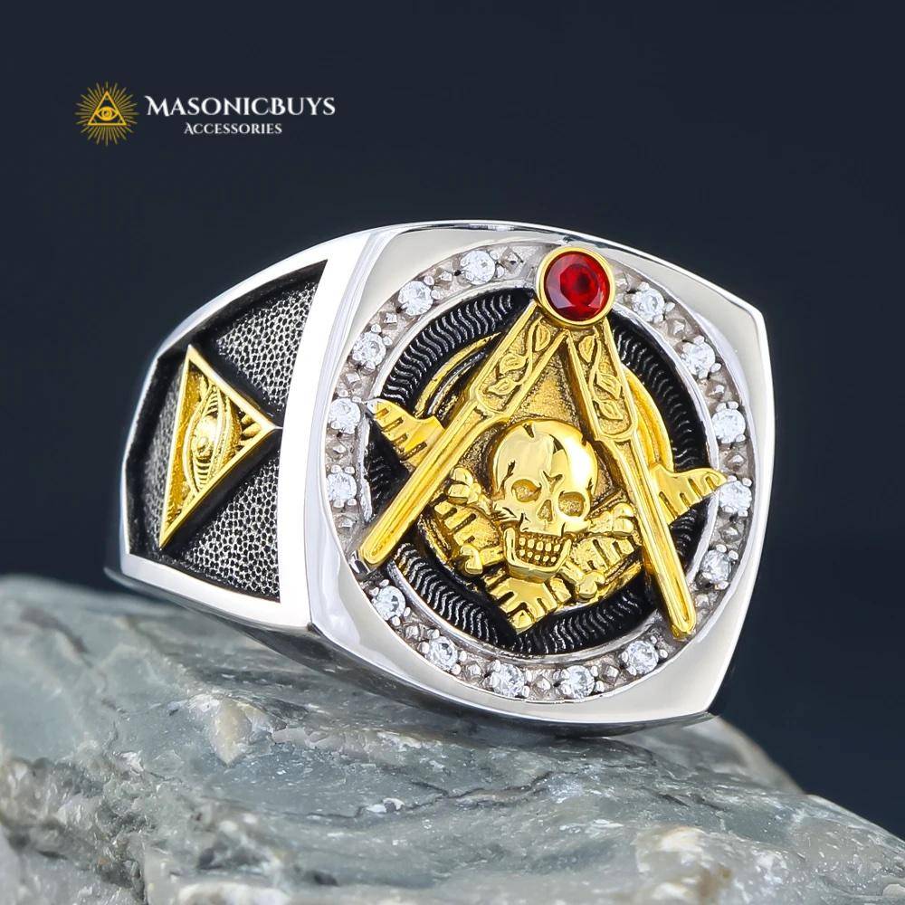 Masonic Silver Ring With a Skull And Red Stone Real Silver Masonic Rings Masonic Rings