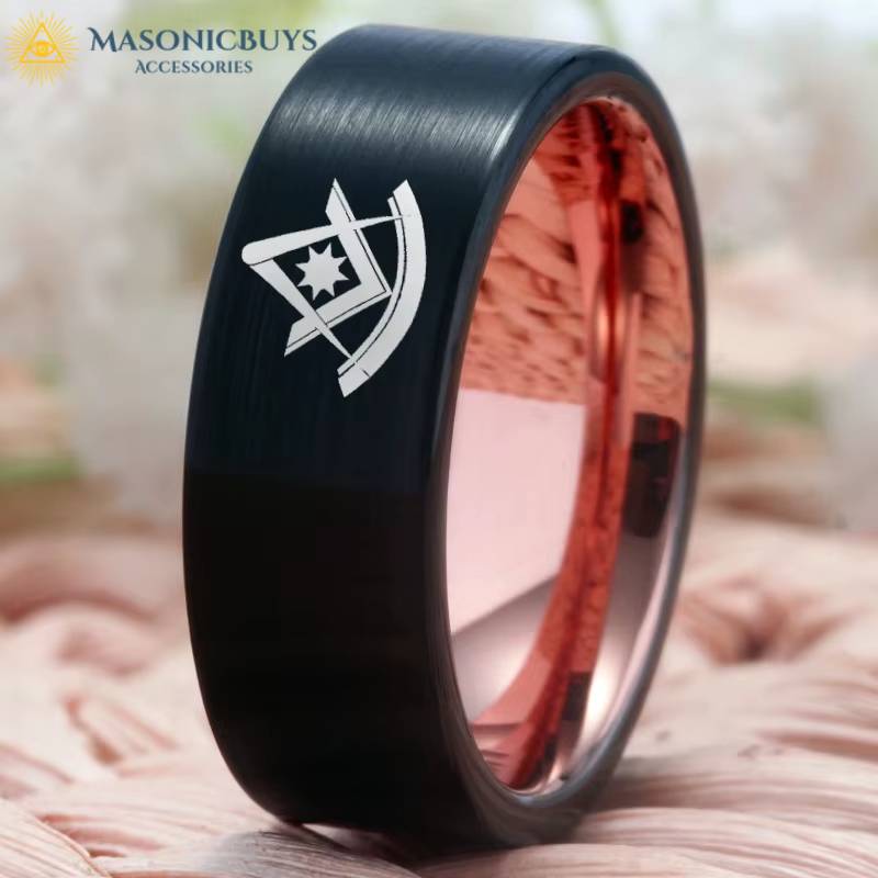 Black & Rose Gold Tungsten Masonic Past Master Ring